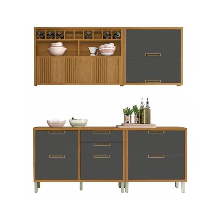 Cozinha Modulada 4 Peças Ripado Nesher Imperatriz Mdf - Freijó / Grafite