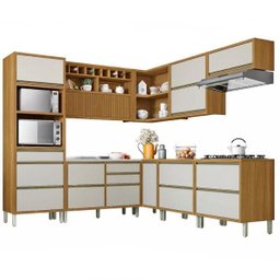Cozinha Modulada 9 Peças Ripado Baronesa Ângulo Torre Quente Mdf - Freijo / Off White - 1