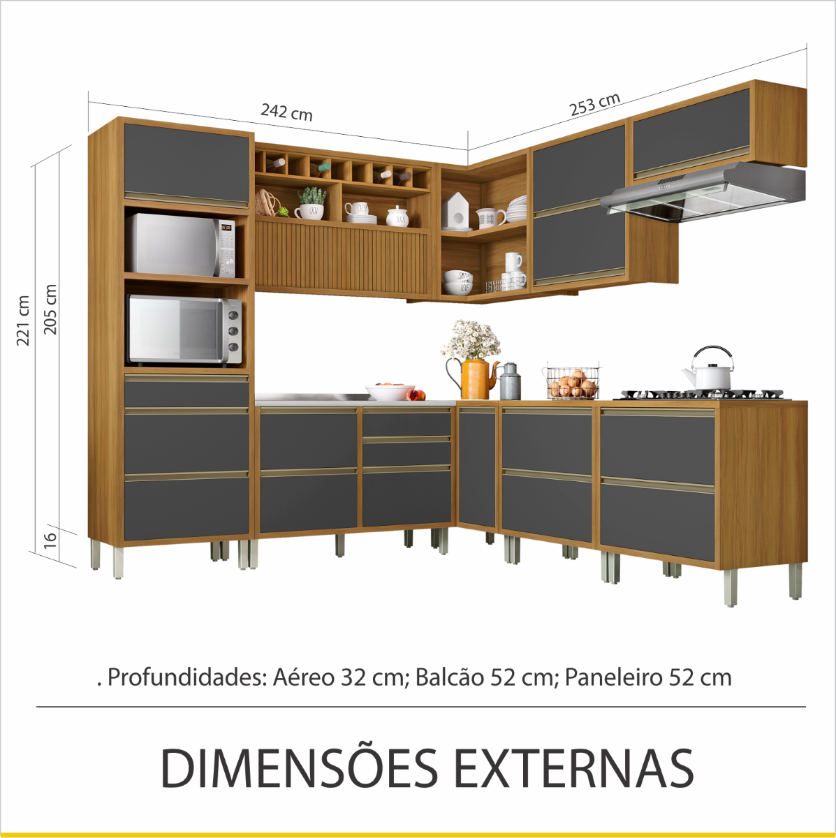 Cozinha Modulada 9 Peças Ripado Baronesa Ângulo Torre Quente Mdf - Freijó / Grafite - 6