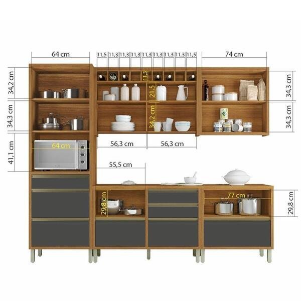 Cozinha Modulada 5 Peças Ripado Baronesa Mdf - Freijó / Grafite - Nesher - 8