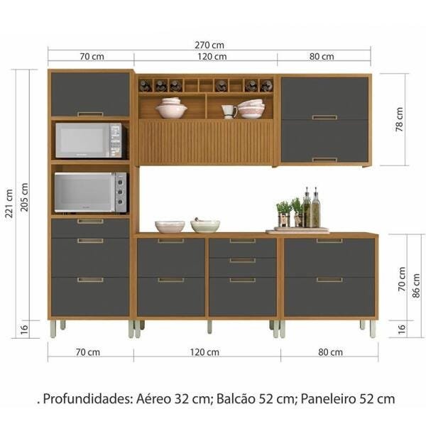 Cozinha Modulada 5 Peças Ripado Nesher Imperatriz Torre Quente Mdf - Freijó / Grafite - 2