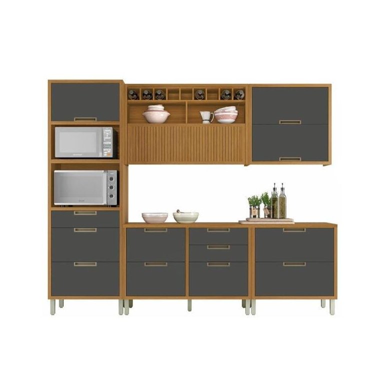 Cozinha Modulada 5 Peças Ripado Nesher Imperatriz Torre Quente Mdf - Freijó / Grafite