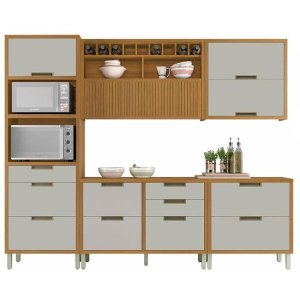 Cozinha Modulada 5 Peças Ripado Imperatriz Torre Quente Mdf -Freijó/Off White -  Nesher
