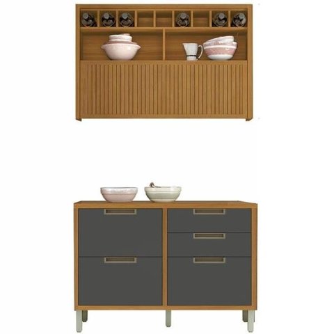 Cozinha Modulada 2 Peças Ripado Nesher Imperatriz Mdf - Freijó / Grafite