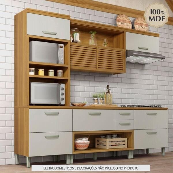 Cozinha Modulada 4 Peças Ripado Torre Quente Nesher Princesa Mdf - Freijo / Off White - 6