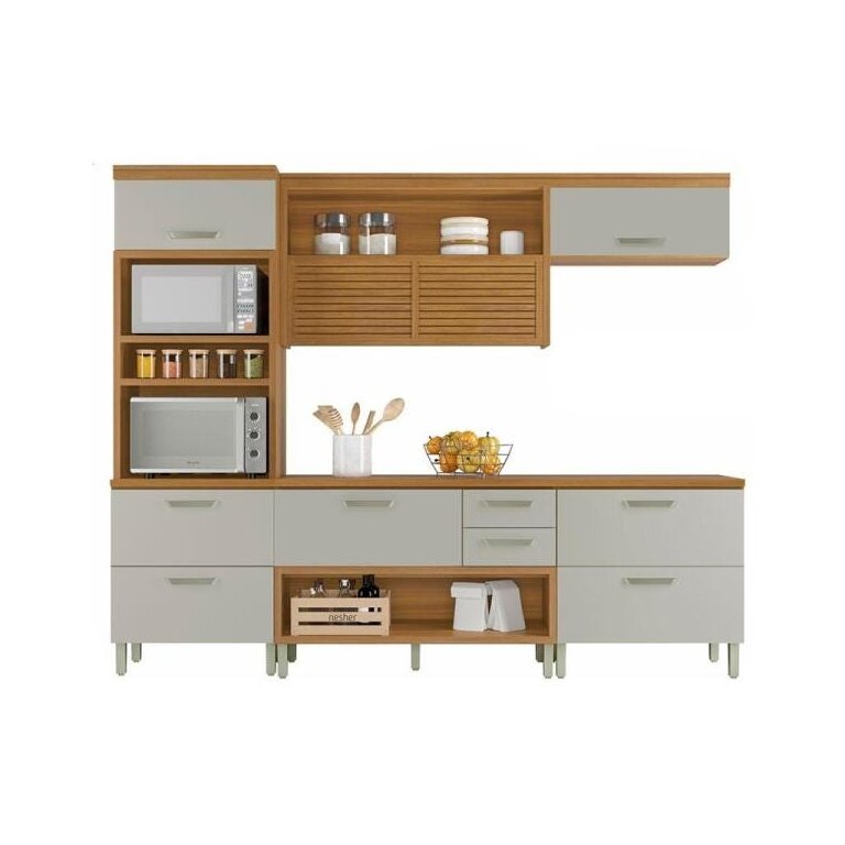 Cozinha Modulada 4 Peças Ripado Torre Quente Nesher Princesa Mdf - Freijo / Off White