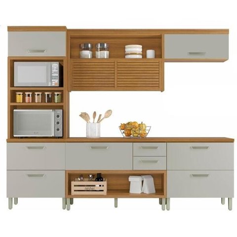 Cozinha Modulada 4 Peças Ripado Torre Quente Nesher Princesa Mdf - Freijo / Off White