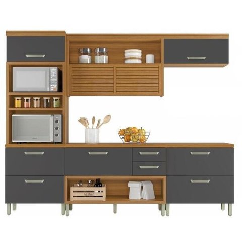 Cozinha Modulada 4 Peças Ripado Torre Quente Nesher Princesa Mdf - Freijó / Grafite