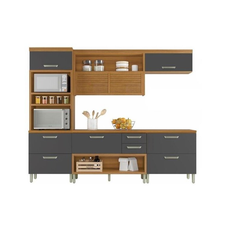 Cozinha Modulada 4 Peças Ripado Torre Quente Nesher Princesa Mdf - Freijó / Grafite