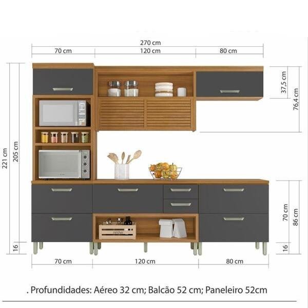 Cozinha Modulada 4 Peças Ripado Torre Quente Nesher Princesa Mdf - Freijó / Grafite - 2