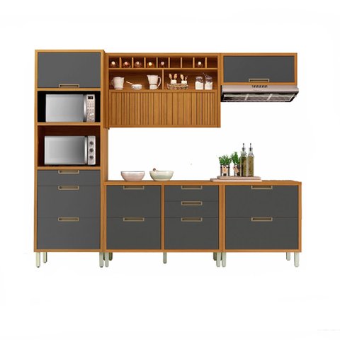 Cozinha Modulada 5 Peças Ripado Nesher Mdf Imperatriz - Freijó / Grafite