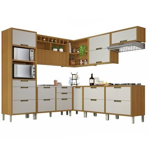 Cozinha Modulada 9 Peças Ripado Nesher Imperatriz Ângulo Torre Quente Mdf - Freijo / Off White