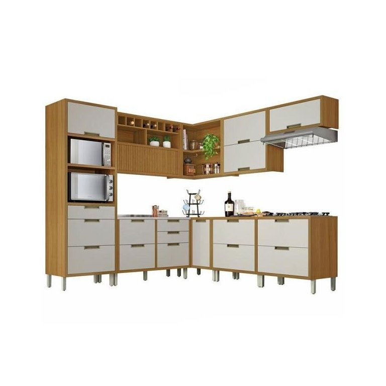Cozinha Modulada 9 Peças Ripado Nesher Imperatriz Ângulo Torre Quente Mdf - Freijo / Off White