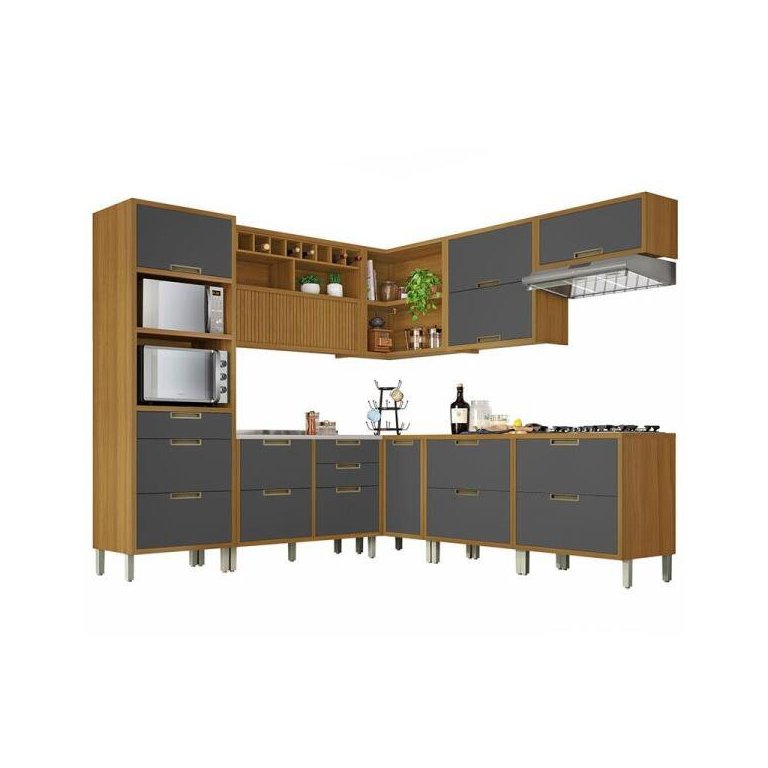 Cozinha Modulada 9 Peças Ripado Nesher Imperatriz Ângulo Torre Quente Mdf - Freijó / Grafite