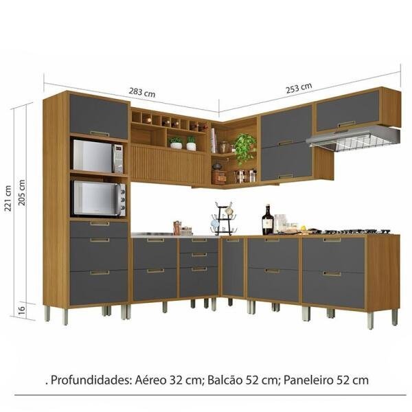 Cozinha Modulada 9 Peças Ripado Nesher Imperatriz Ângulo Torre Quente Mdf - Freijó / Grafite - 8