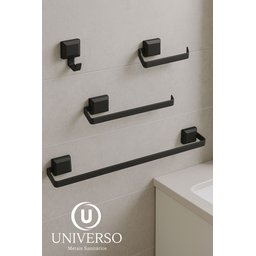 Kit Acessórios Banheiro 4 Peças Quadrado Preto Fosco Suporte Toalha - 8