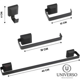 Kit Acessórios Banheiro 4 Peças Quadrado Preto Fosco Suporte Toalha - 5