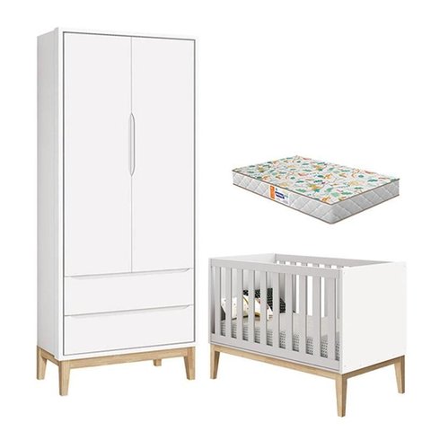 Berço Americano e Guarda Roupa 2 Portas New Classic Branco com Pés Madeira Natural e Colchão