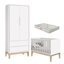 Ver imagem 1 de Berço Americano e Guarda Roupa 2 Portas New Classic Branco com Pés Madeira Natural e Colchão