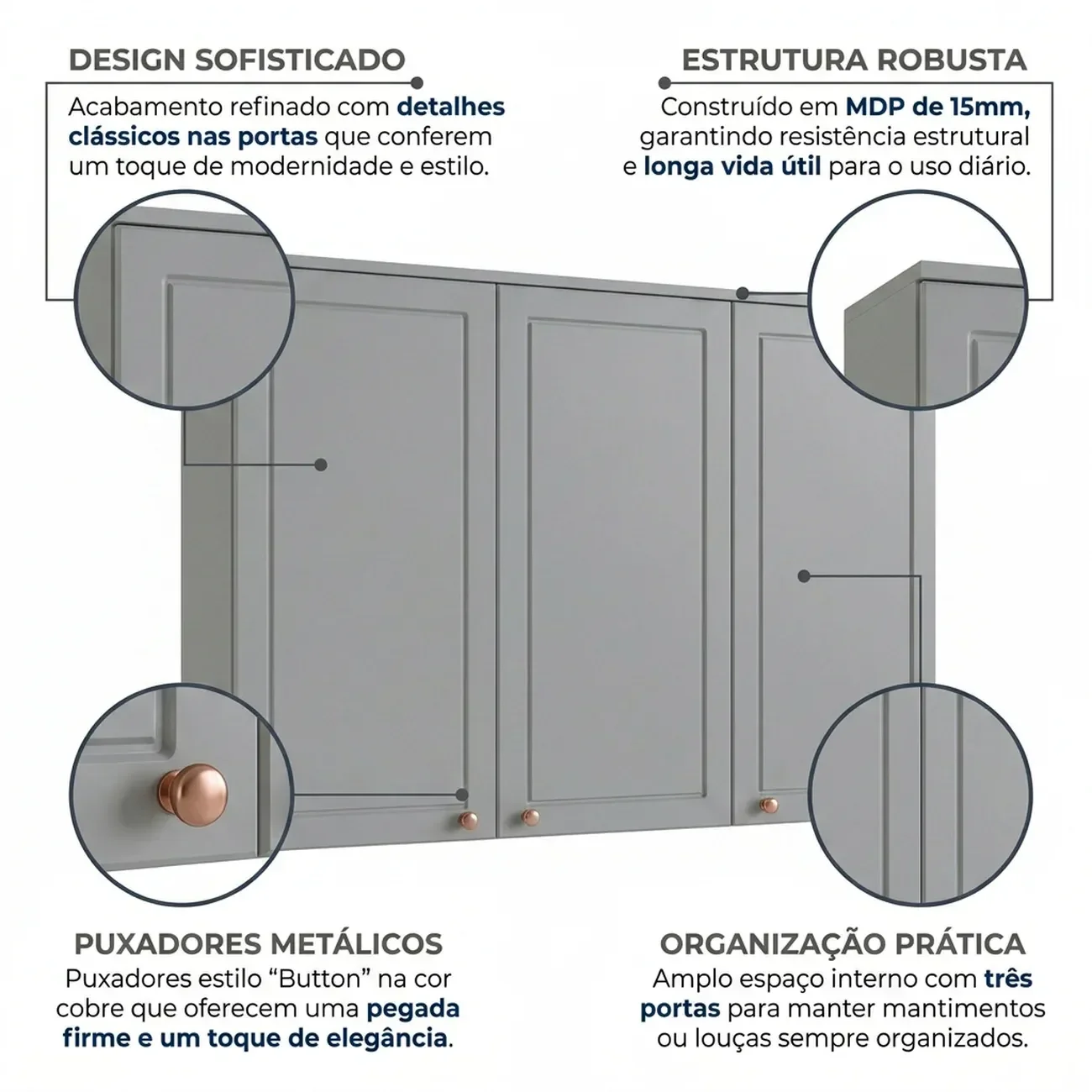 Ver imagem 5 de Armário Aéreo para Cozinha 3 Portas 120cm Americana Cinza Crystal