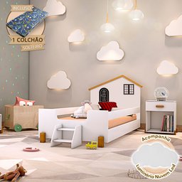 Cama Montessoriana Infantil Solteiro Belissima Preta - Branca e Amêndoa + Luminária Led + Colchão - 1