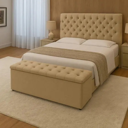 Conjunto Cabeceira com Calçadeira Baú Casal 140cm Bege - 6