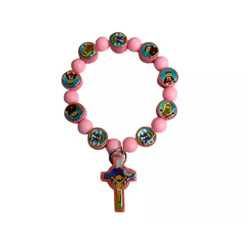 Pulseira Miçanga Rosa Infantil Jesus na Cruz e Medalhas