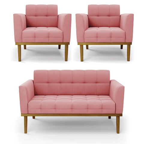 Conjunto 2 Poltronas e 1 Namoradeira Decorativa Karen Pés Fixo em Madeira Castanho Suede Rose G19 - 