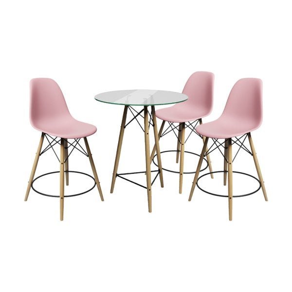 Conjunto Mesa Bistrô Eames Eiffel Vidro com 3 Banquetas Rosas de Madeira - 1