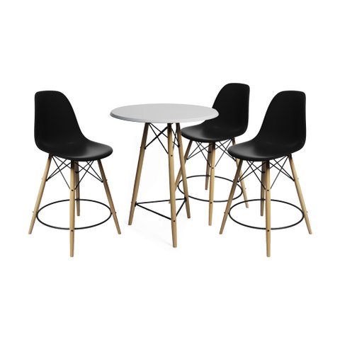 Conjunto Bistrô Eames Eiffel Mesa Branca com 3 Banquetas Pretas de Madeira