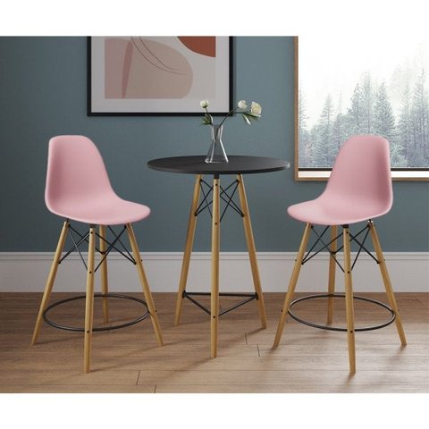 Mesa Bistrô Eames Eiffel Preta com 2 Banquetas Rosas de Madeira