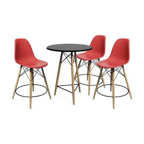 Conjunto Mesa Bistrô Eames Eiffel Preta com 3 Banquetas Vermelhas de Madeira