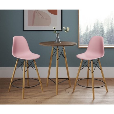 Mesa Bistrô Eames Eiffel Amêndoa com 2 Banquetas Rosas de Madeira