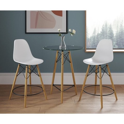 Mesa Bistrô Eames Eiffel Vidro com 2 Banquetas Brancas de Madeira