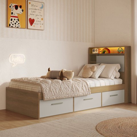 Cama de Solteiro 93,2 com 3 Gavetas Cabeceira com Organizador e Iluminação em LED Genebra