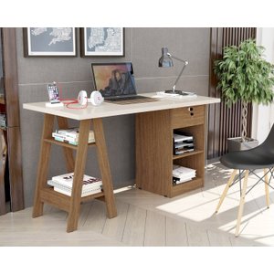 Mesa De Estudo Bali OffWhite/Canela Para Computador ou Notebook C/ Gaveta com Chave