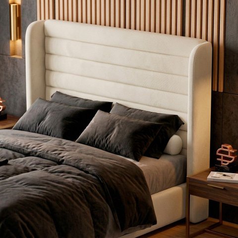 Cabeceira Estofada para Cama Box Queen Sasha 160cm Moderna Suede Bege Claro - Desk Design