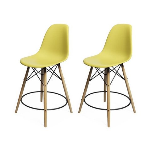 Kit 2 Banquetas Eames Eiffel de Madeira Assento Amarelo