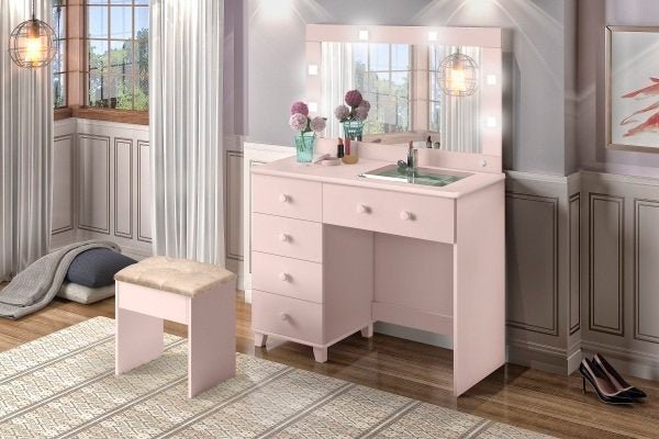 Penteadeira Camarim Lara 5 Gavetas 100% Mdf com Banqueta Camarim- 0.97M Rosa:Rosa