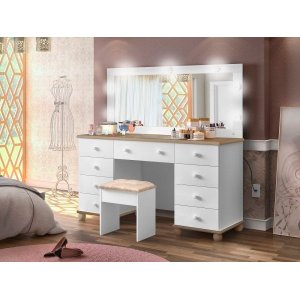 Penteadeira Camarim 9 Gavetas Potente com Led Branco/Amêndoa:Marrom-Claro