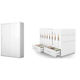 Quarto Infantil Bebe Berço e Roupeiro Domique Branco Acetinado Planet Bbay - 1