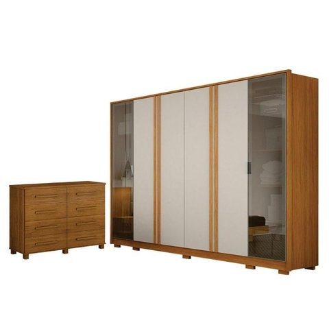 Guarda Roupa Casal Prime 6 Portas Off White com Cômoda San Marino 8 Gavetas Cinamomo – Leifer
