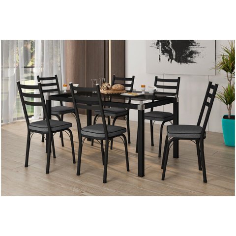 Conjunto Mesa de Jantar Tubular com 6 Cadeiras Malva Tampo Vidro 140cm Sf Preto 141 Assento Andorinh