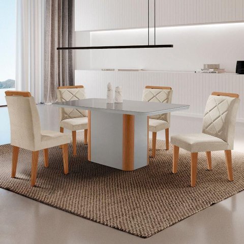 Mesa de Jantar Isadora com 4 Cadeiras Moderna Mo... Veludo Creme /off / /serig Off com Vidro