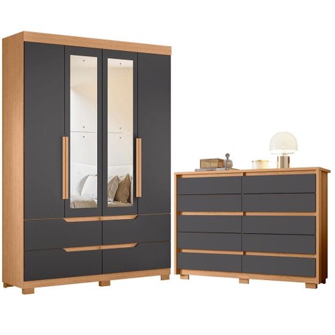 Guarda Roupa Solteiro Doble 04 Portas com Espelho e Cômoda Duetto Freijo Titanium- Móveis Albatroz
