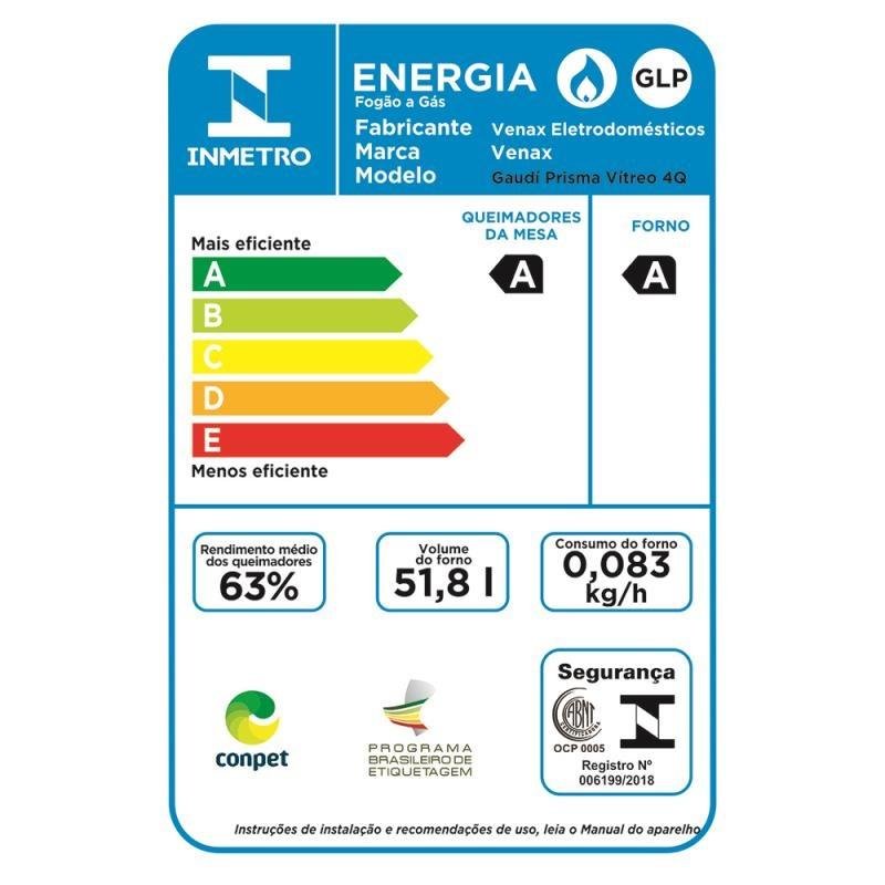 FOGAO A GAS DE EMBUTIR 4 BOCAS VENAX GAUDI PRISMA VITREO EL INOX GAS GLP - 4