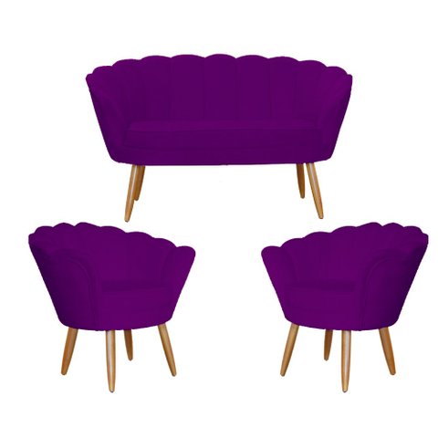Kit Pétala Namoradeira e 2 Poltronas Decorativa Pés Palito Veludo Roxo - Lm Decor