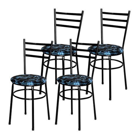 4 Cadeiras para Cozinha Epoxi Preta Assento Floral Cor:floral Preto