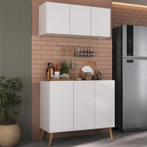 Kit Armário de Cozinha Aéreo e Balcão 3 Portas Retrô Multimóveis Mp2168 Branco/natural