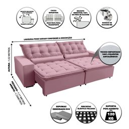 SOFÁ ELEGANCE RETRATIL E RECLINAVEL 2,32 MTS SUEDE ROSA SD ESTOFADOS - 3 SOFÁ ELEGANCE RETRATIL E RECLINAVEL 2,32 MTS SUEDE ROSA SD ESTOFADOS - 3